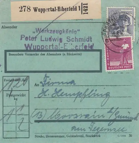 Paketkarte 1947: Wuppertal-Elberfeld nach Moosrain Gmund, bes. Formular