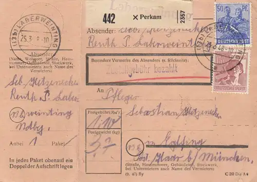 Paketkarte 1948: Perkam nach Eglfing Haar
