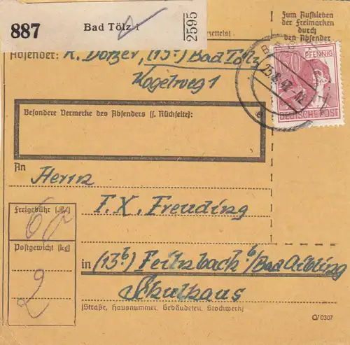 Carte de paquet 1947: Bad Tölz vers Feilnbach