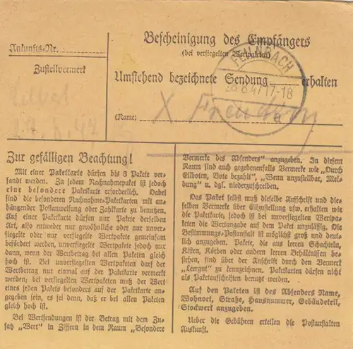Paketkarte 1947: Bad Tölz nach Feilnbach