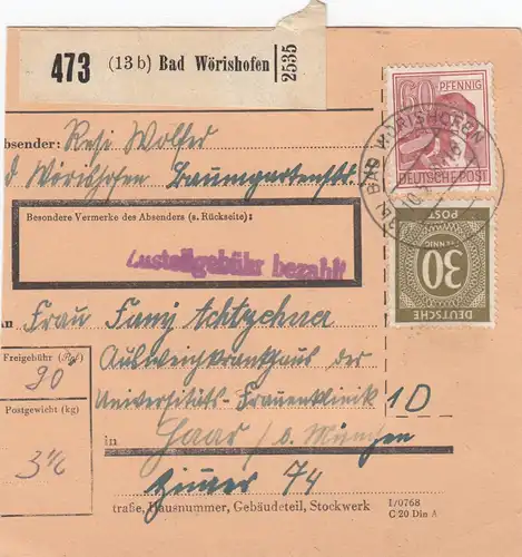 Paketkarte 1948: Bad Wörishofen nach München, Frauenklinik