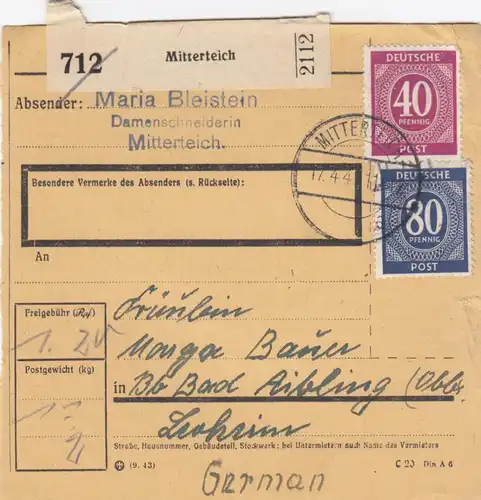 Paketkarte 1947: Mitterteich, Damenschneiderin, nach Bad Aibling