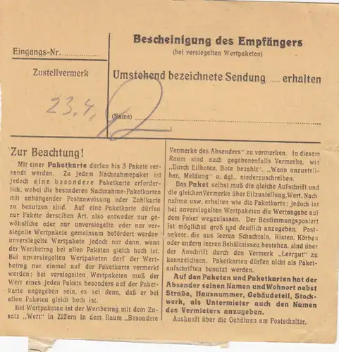 Paketkarte 1947: Mitterteich, Damenschneiderin, nach Bad Aibling