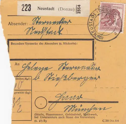 Paketkarte 1948: Neustadt nach Haar München