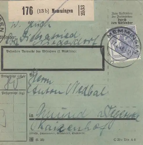 Carte de paquet 1948: Memmingen vers Gmund, formulaire spécial