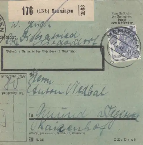 Paketkarte 1948: Memmingen nach Gmund, besonderes Formular