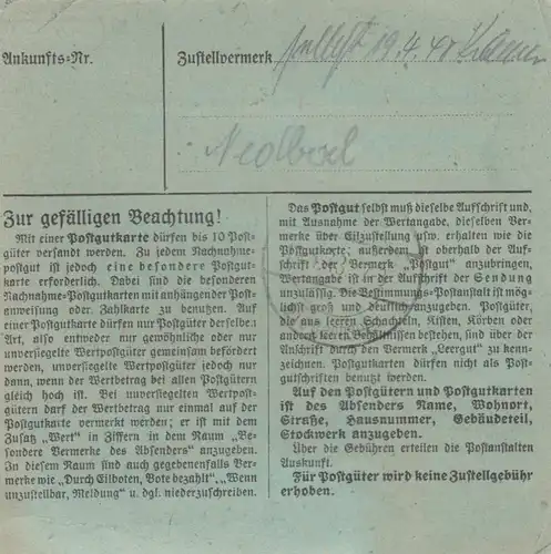 Paketkarte 1948: Memmingen nach Gmund, besonderes Formular