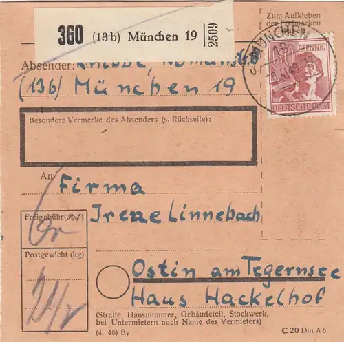 Paketkarte 1948: München 19 nach Ostin am Tegernsee, Haus Hackelhof