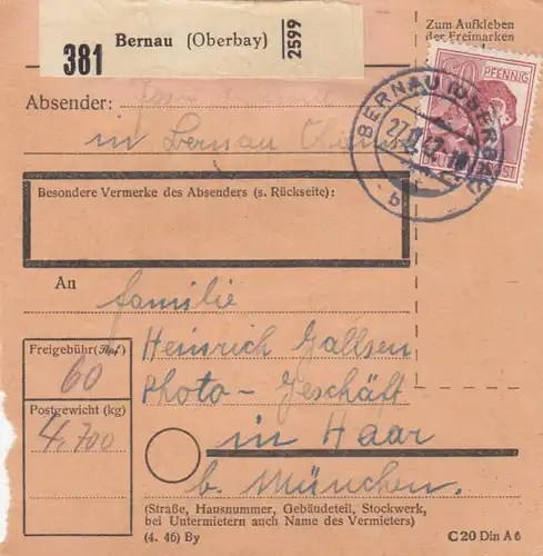Carte de paquet 1947: Bernau après Haar, magasin de photos