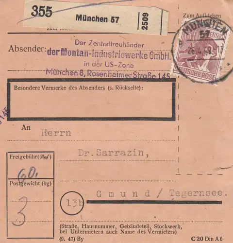 Carte de paquet 1948: Munich, centre de l'industrie Montan-Treuiller d'après Gmund