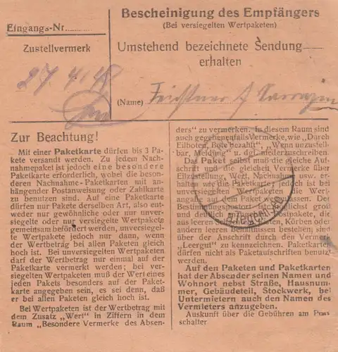Paketkarte 1948: München, Zentraltreuhänder Montan-Industrie nach Gmund