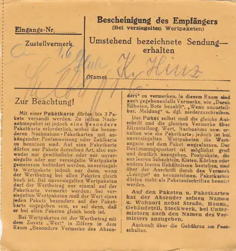 Paketkarte 1948: Bad Wiessee nach Haar München