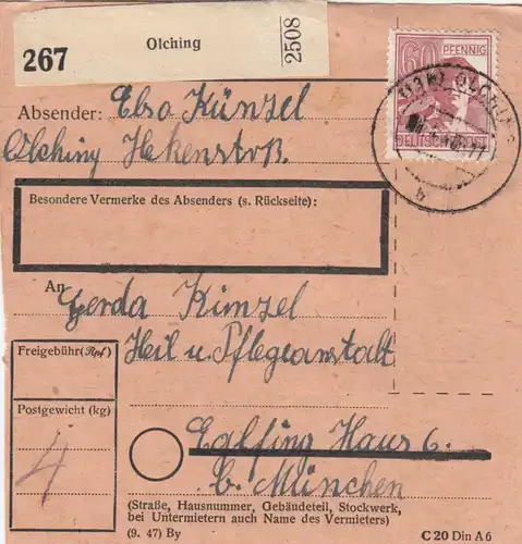 Carte de paquet 1948: Olching vers Eglfing House 6, établissement de soins
