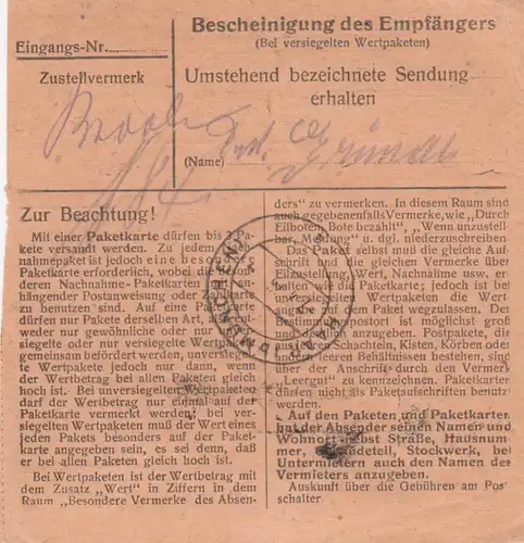 Carte de paquet 1948: Olching vers Eglfing House 6, établissement de soins