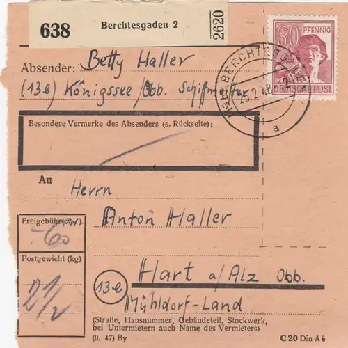 Paketkarte 1948: Berchtesgaden nach Hart, Mühldorf