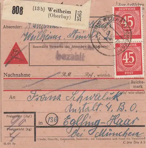 Paketkarte 1948: Weilheim Oberbay. nach Eglfing, Anstalt, Nachnahme
