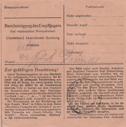 Paketkarte 1948: Weilheim Oberbay. nach Eglfing, Anstalt, Nachnahme