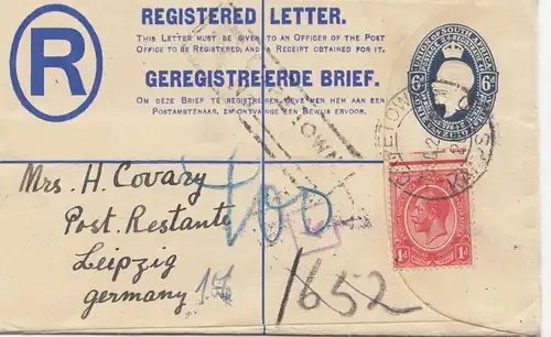 South Africa 1922: registered letter Capetown to Leipzig, BPA 10: Köln-Deutz