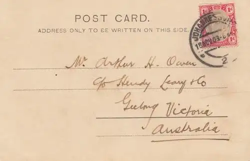 South Africa 1903: post card Johannesburg Doornfontein to Geelong/Victoria