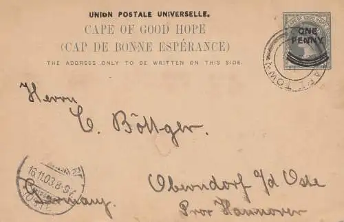 Afrique du Sud 1903: post card cap town to Oberndorf/Hannover