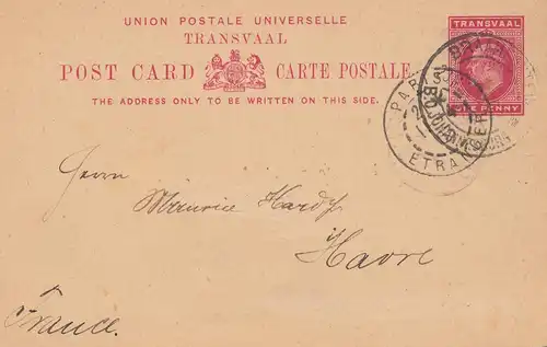 Afrique du Sud 1903: Johannesburg Post card to Le Havre