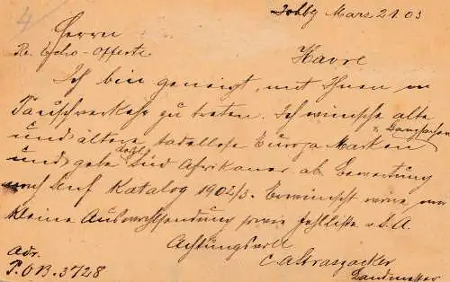 Afrique du Sud 1903: Johannesburg Post card to Le Havre