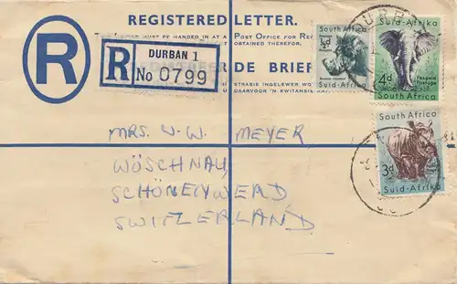 South Africa 1955: registered letter Durban to Wöschnau/Switzerland, customs