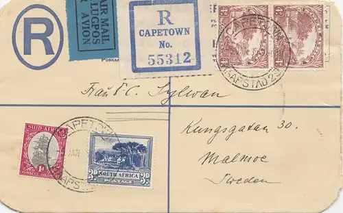 Afrique du Sud 1935: registered Cape Town to Malmoe/Sweden