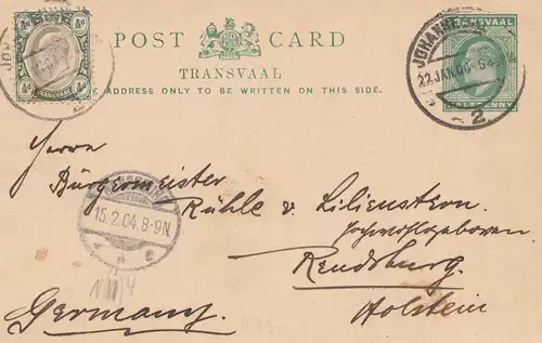 South Africa 1904: Johannesburg post card to Rendsburg