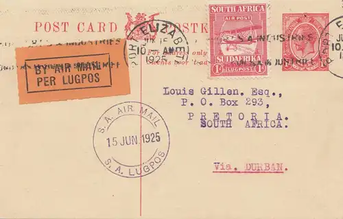 Afrique du Sud 1925: air mail Port Elizabeth to Pretoria
