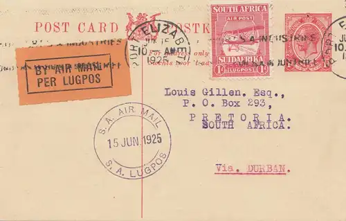 South Africa 1925: air mail Port Elizabeth to Pretoria