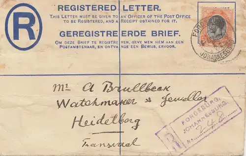 Afrique du Sud: 1916: registered letter Johannesburg to Hedelberg