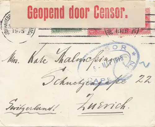 Afrique du Sud: 1915: Johannesburg to Zurich, Censor opened