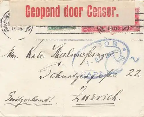 South Africa: 1915: Johannesburg to Zürich, Censor opened