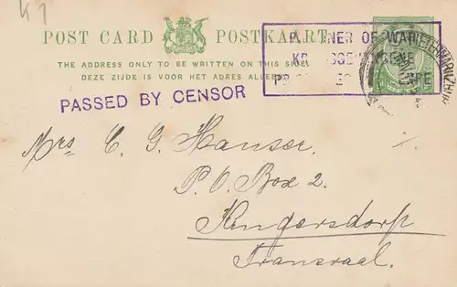 South Africa: 1945, Prisoner of war, post card war camp to Kingerdorf, Transvaal