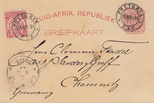 Afrique du Sud: 1894: post card Pretoria to Chemnitz