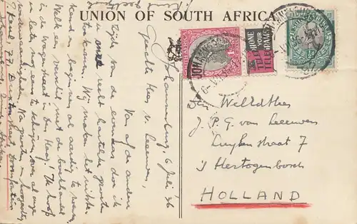Afrique du Sud 1936: post card Transvaal, Hippopotami to Hertogenbosch