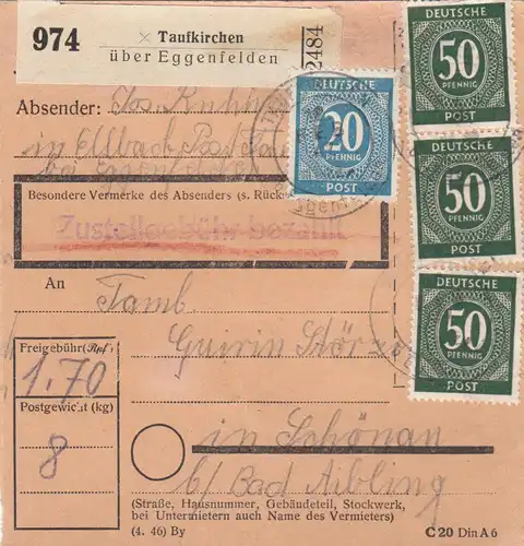 Paketkarte 1947: Taufkirchen Ellbach nach Bad-Aibling, Schönau