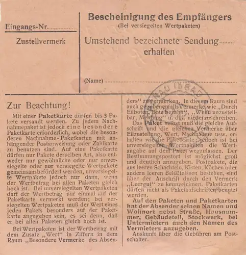 Carte de paquet 1947: Taufkirchen Ellbach vers Bad-Aibling, Schönau