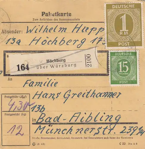 Carte de paquet 1946: Höchberg par Würzburg vers Bad-Aibling