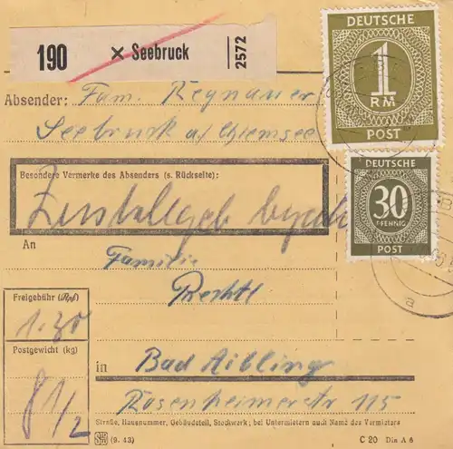 Paketkarte 1946: Seebruck am Chiemsee nach Bad Aibling