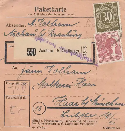 Paketkarte 1948: Aschau b. Kraiburg nach Haar, Molkerei