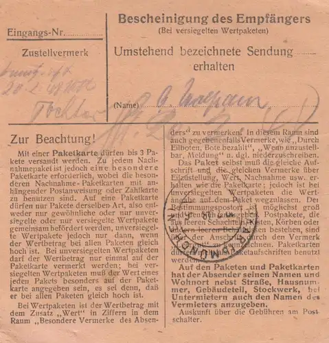 Paketkarte 1948: Aschau b. Kraiburg nach Haar, Molkerei