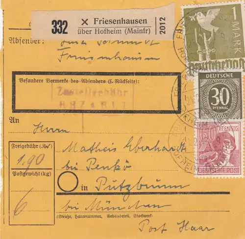 Carte de paquet 1948: Friesenhausen par Hofheim vers Putzbrunn