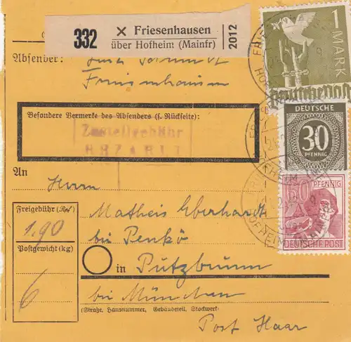 Paketkarte 1948: Friesenhausen über Hofheim nach Putzbrunn