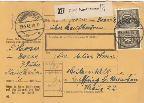 Carte de paquet 1948: Kaufbeuren vers Heilanstalt Eglfing