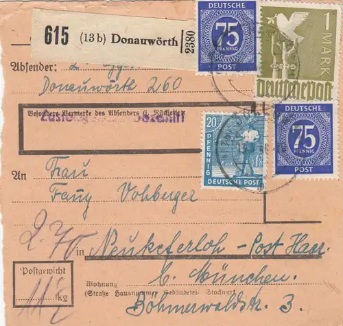 Paketkarte 1948: Donauwörth nach Neukeferloh Post Haar