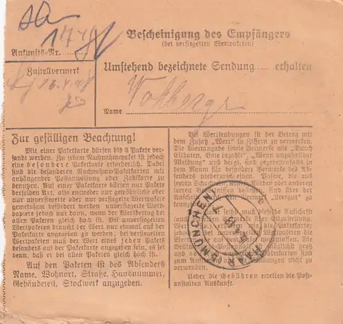 Paketkarte 1948: Donauwörth nach Neukeferloh Post Haar