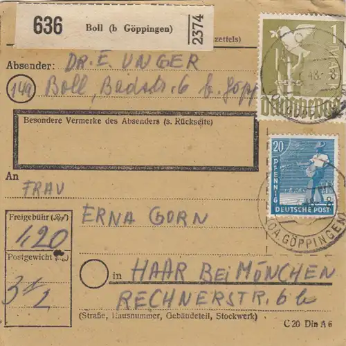 Paketkarte 1948: Boll b. Göppingen nach Haar