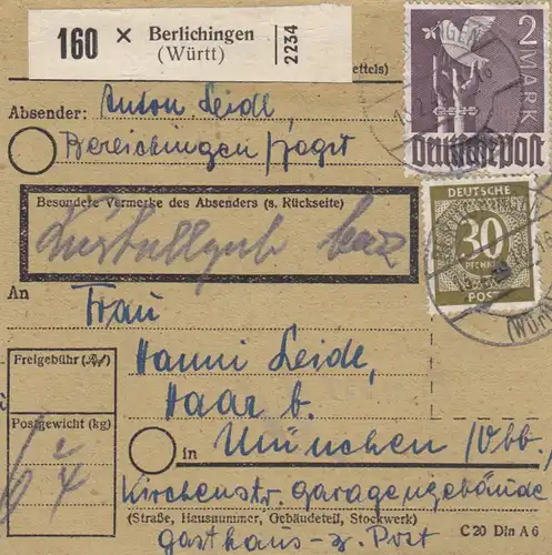 Paketkarte 1948: Berlichingen nach München, Gasthaus z. Post